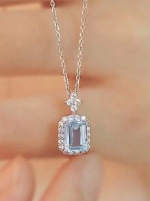 Nooxian 1 件海蓝宝石香水瓶吊坠项链，适合女士，奢华精致设计，镶嵌闪亮方晶锆石，时尚锁骨链，礼物 - 銀色 - 查看 3