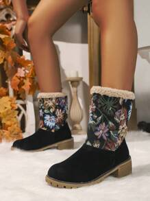 Plus Size Women's Velvet Snow Boots, Thick Bottom Anti-Slip Waterproof Heeled Boots For Winter With Flower Patchwork