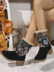 Plus Size Women's Velvet Snow Boots, Thick Bottom Anti-Slip Waterproof Heeled Boots For Winter With Flower Patchwork