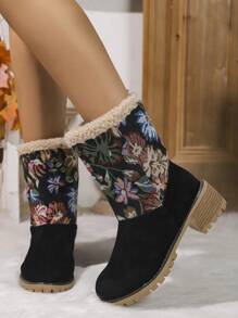 Plus Size Women's Velvet Snow Boots, Thick Bottom Anti-Slip Waterproof Heeled Boots For Winter With Flower Patchwork