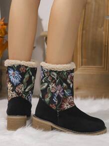 Plus Size Women's Velvet Snow Boots, Thick Bottom Anti-Slip Waterproof Heeled Boots For Winter With Flower Patchwork