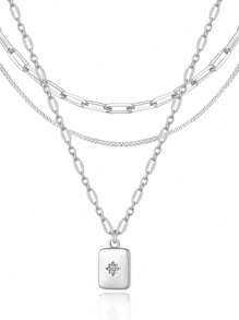 3pcs Set Silver Multilayer Stacked Chain Necklace With Stylish Geometric Pendant And Cubic Zirconia, Chain Clasp Quantity Random - Silver - View 3