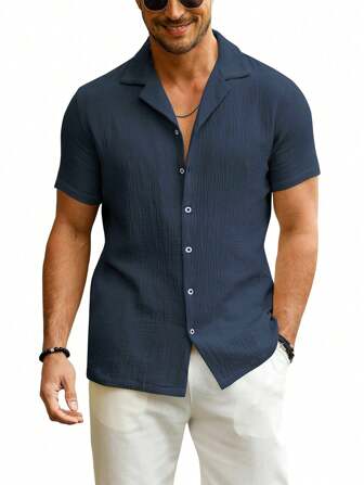 Men's Slim Fit Cuban Collar Short Sleeve Guayabera Shirt, Casual Summer Wedding Beach Top
