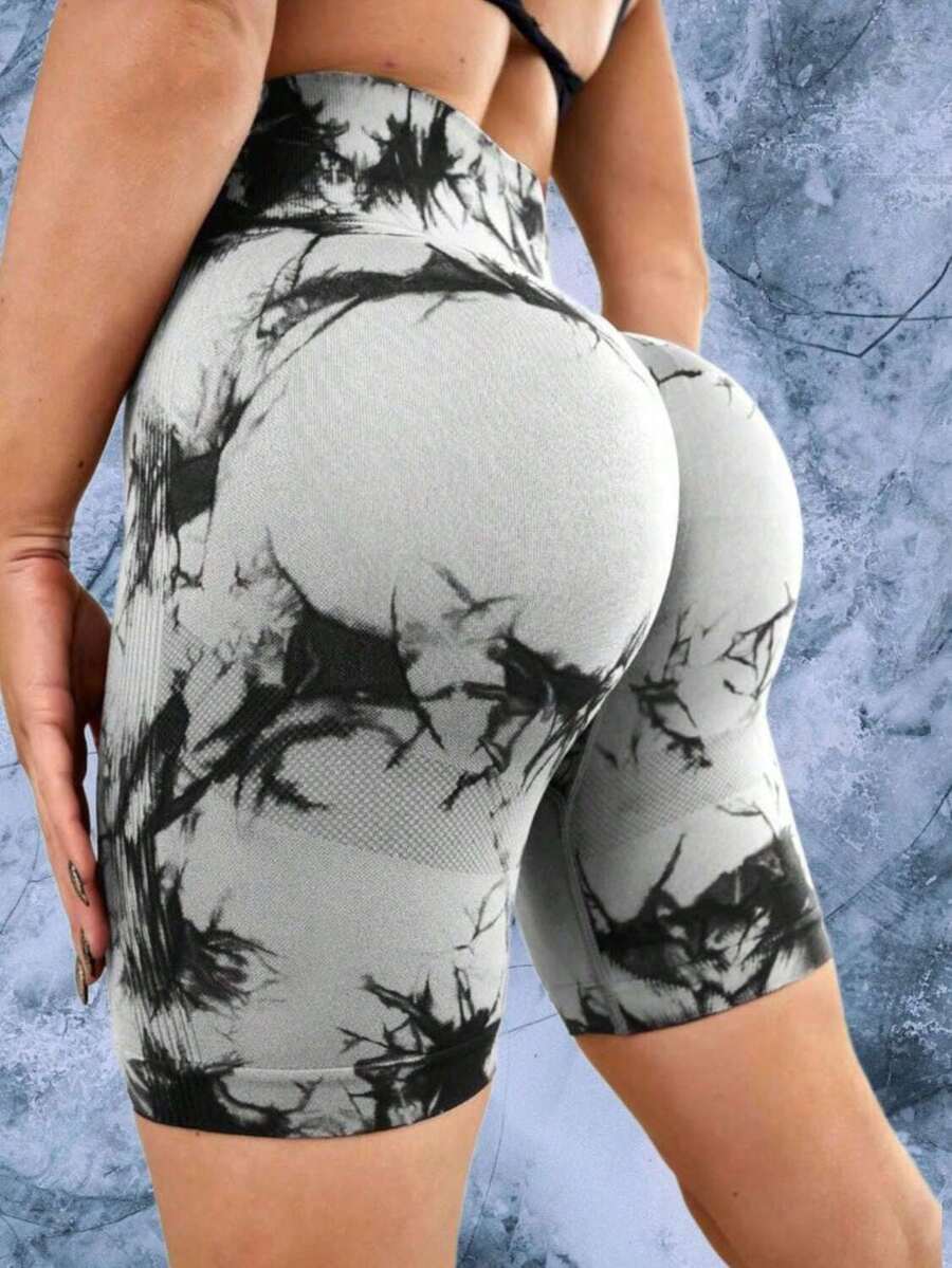 Tie Dye Yoga Workout Shorts For Women Butt Lifting Cycling Biker Seamless Gym Yoga Biker Shorts - 灰色 - 查看 1