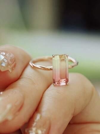  1pc Gradient Color Square 925 Sterling Silver Ring, 18K Gold Plated Rectangle Decor Adjustable Cocktail Ring For Women