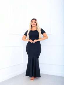 Mermaid Long Dress Ribbed Plain Basic Casual Long Sleeve - Xem 1