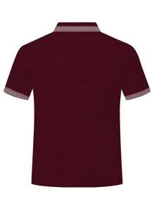 新款夏季男士纯色几何领系列 Polo 衫，户外运动短袖 T 恤，百搭休闲时尚上衣 - 酒紅色 - 查看 3
