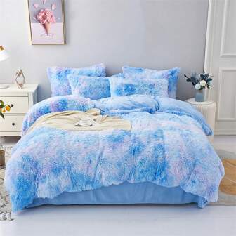 3Pcs Blue Warm Bedding Plush Shaggy Duvet Cover Set Fluffy Fluffy Duvet Cover With Pillowcases (1pc Fluffy Duvet Cover+2pcs Pillowcases) Bedding Set For Bedroom Guest Room King Queen Full Twin Size Boho Bedding For Chic Home