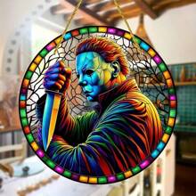 1 Stück Halloween farbiges Fenster-Suncatcher - runde Acryl Plakette, saisonale Dekoration für Veranda, Zuhause, Garten, Schlafzimmer, Horror Thema, ideales Geschenk für Freunde & Familie - Verschiedenfarbig - Übersicht 2