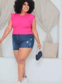 Women's Cropped Short Sleeve Plus Size Muscle Tee Premium G1 And G2 - 玫紅色 - 查看 1