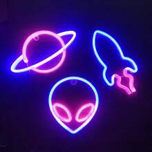 3 件霓虹灯墙饰，电池或 USB 供电太空元素外星星球火箭，适合青少年男孩、游戏室、酒吧、生日、节日、酷炫装饰礼物（不含电池） - 彩色 - 查看 3