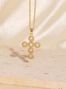 1pc Colar de cruz elegante e versátil, fé religiosa, zircônia cúbica, banhado a ouro, presente de aniversário para amigos