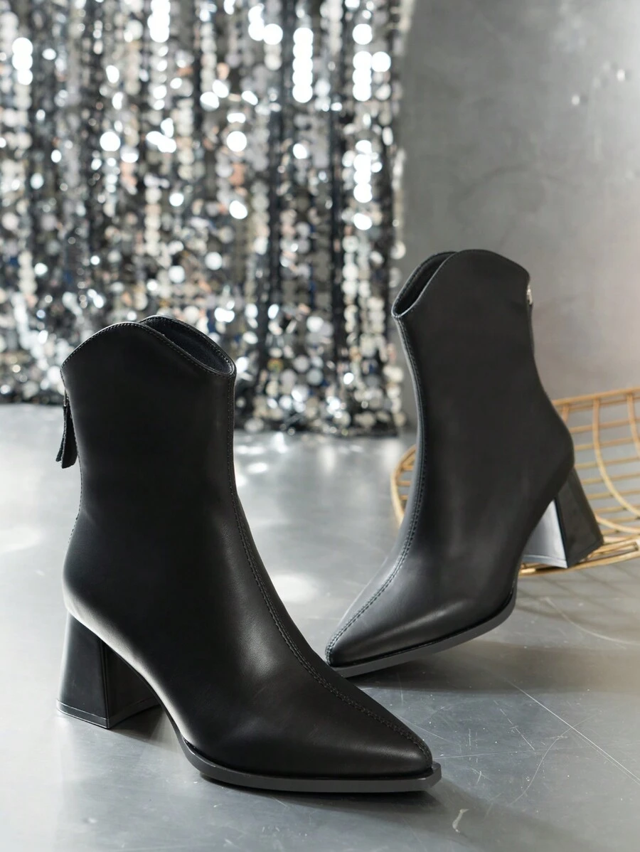 秋冬女式时尚粗跟尖头切尔西踝靴，优雅百搭西部牛仔骑马靴，黑色高跟派对礼服靴 - 黑色 - 查看 1
