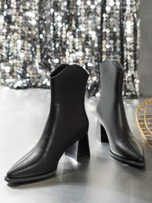 秋冬女式时尚粗跟尖头切尔西踝靴，优雅百搭西部牛仔骑马靴，黑色高跟派对礼服靴 - 黑色 - 查看 2