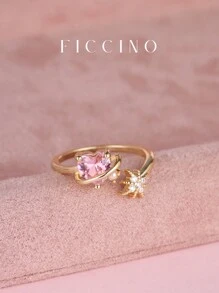 FICCINO 可爱甜美粉色心形镀金方晶锆石可调节戒指，适合年轻女孩和好朋友的礼物，附赠盒子 - 1063r - 查看 5