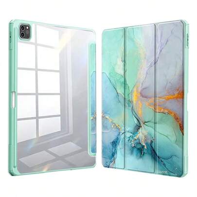 TBTIC 1PC Compatible With Ipad Colorful Marble Pattern Transparent Acrylic Tablet Protective Case With Pen Slot Anti-Drop Protection Flowers And Waves