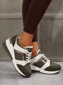 Fashionable Comfortable Casual Versatile Women's Sneakers, Lightweight Outdoor Cushioned Lace-Up Chunky Platform Walking Shoes, Summer Simple Round Toe Fabric Casual White Shoes - Green - View 7