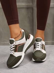 Fashionable Comfortable Casual Versatile Women's Sneakers, Lightweight Outdoor Cushioned Lace-Up Chunky Platform Walking Shoes, Summer Simple Round Toe Fabric Casual White Shoes - Green - View 6