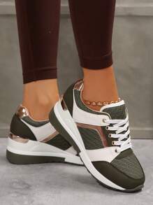Fashionable Comfortable Casual Versatile Women's Sneakers, Lightweight Outdoor Cushioned Lace-Up Chunky Platform Walking Shoes, Summer Simple Round Toe Fabric Casual White Shoes - Green - View 8