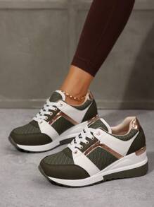 Fashionable Comfortable Casual Versatile Women's Sneakers, Lightweight Outdoor Cushioned Lace-Up Chunky Platform Walking Shoes, Summer Simple Round Toe Fabric Casual White Shoes - Green - View 3