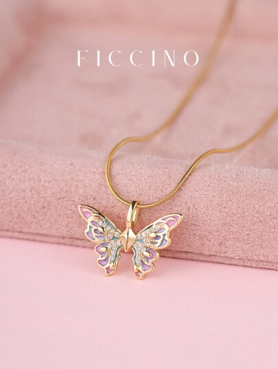 FICCINO Collar colgante de mariposa con circonita cúbica FICCINO, cadena ajustable de acero con baño de oro, regalo ideal para novia, con caja
