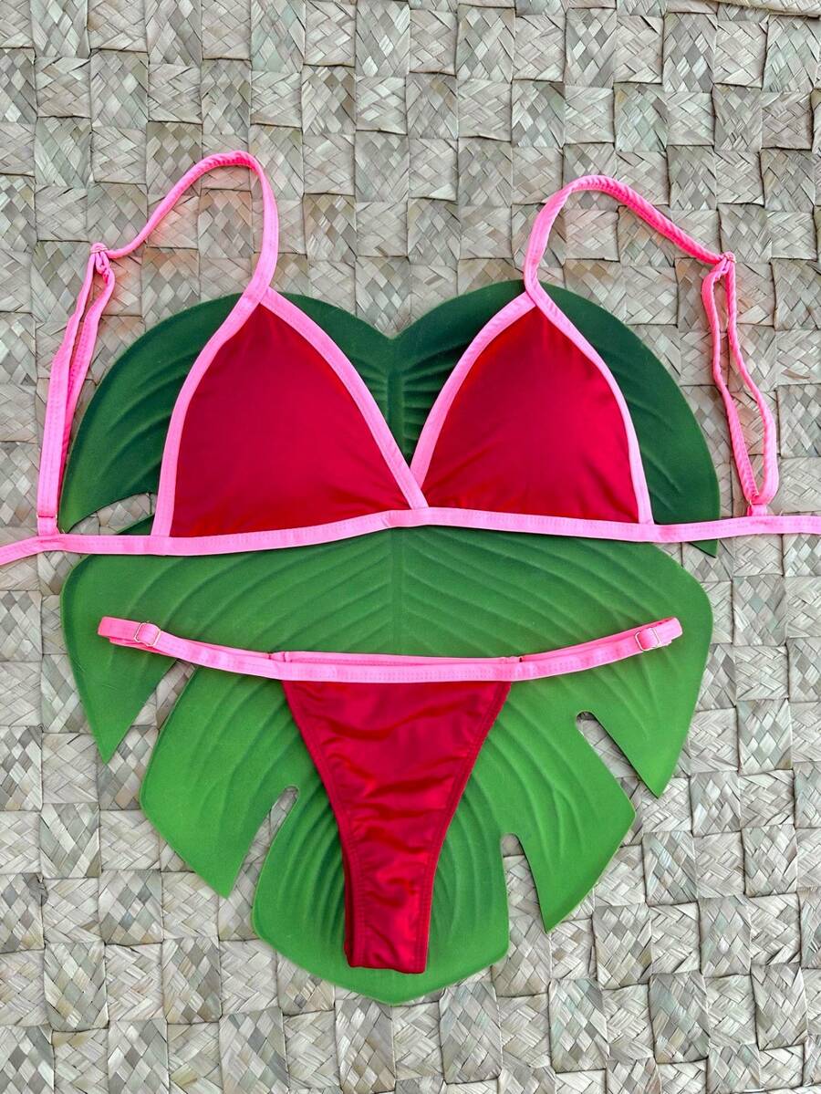 Bikini Set With Removable Pads And Adjustable Straps - String Bikini And Thong - 紅色配粉紅色 - 查看 1