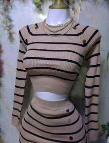 Conjunto Rayado Tela Vizcosa Crop y Falda con Abertura MOD. MAU - Camel - Ver 2