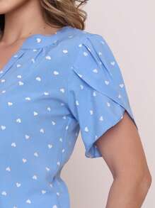 MARILYN MONNA New Women's Blouse Heart Print Petal Sleeve V-Neck Summer Beach - 淺藍色 - 查看 3