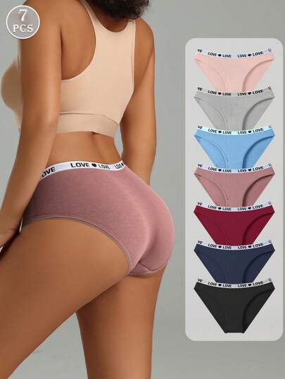 7pcs/Pack Women's Multicolor Pure Cotton Letter Waistband Boyshort Panties, Soft & Comfortable Sporty Casual Briefs