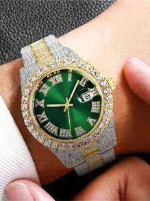 1 件男士个性化嘻哈风格罗马数字水钻石英腕表 - 彩色 - 查看 8