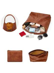 Vintage Simple Casual Large Capacity Tote Bag Female Handbag, Shoulder Bag - Brown - View 5