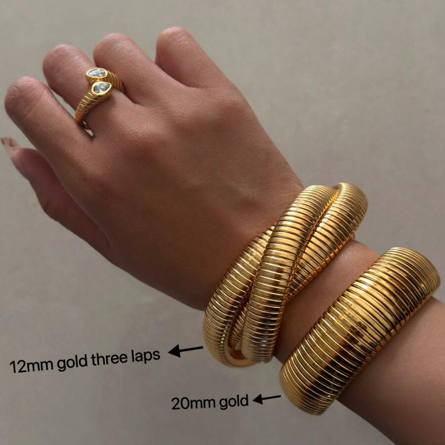 1 Piece Of 18k , Electroplated Titanium Steel, Retro Stretchy Polished Bracelet With Zirconia Thread Ring, Versatile For Daily Use, Good-Looking As A Gift - Gold - View 1