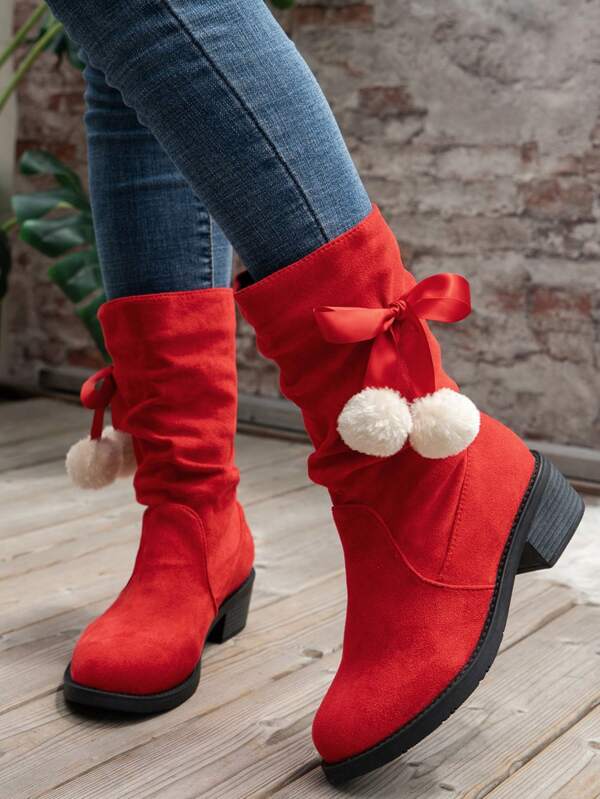 Match Sweater Dress,Women's Mid-Calf Boots, Red High Heel Round Toe Fluffy Pom Pom Decor Christmas Style, Versatile Dress Boots For Autumn Winter,Y2k Shoes