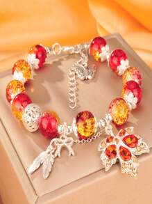 1 件秋季枫叶蝴蝶结吊饰玻璃珠手链 - 銀色 - 查看 9