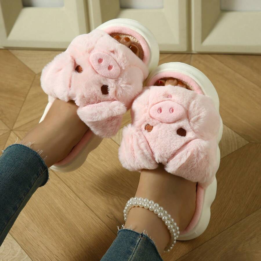 Pig Plush Slippers, Thick Soft Lining Warm Comfort Indoor Home Slippers - Baby Pink - View 1