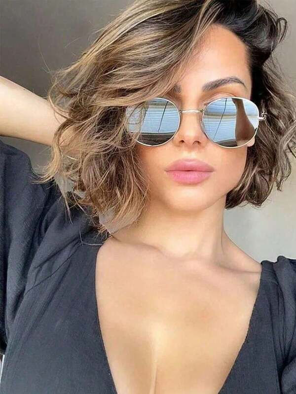 1 pieza Accesorio de gafas de moda con marco metálico de estilo ovalado para mujer, atuendo de playa para vacaciones de verano, uso al aire libre, viajes