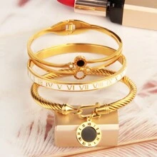 3pcs/Set Business & Casual Party Gift Accessory Bracelet, Mixed Square, Round Bead, Roman Numeral Stainless Steel Couple Jewelry