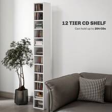 HOMCOM 12-Tier Media Storage Cabinet 204 CDs Shelf Tower Multimedia Organizer Rack Stand Bookcase Display Unit MDF Colour Oak - White - View 4