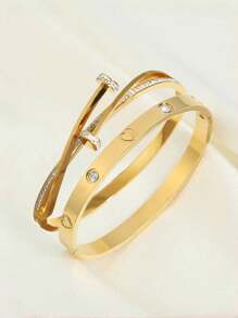 2 piezas Elegantes brazaletes de acero inoxidable con baño de oro con forma de corazón, a prueba de agua y antifading, joyería para mujer, regalo para el Día de San Valentín, mamá, madre, Día de la Madre - pulsera - Ver 4