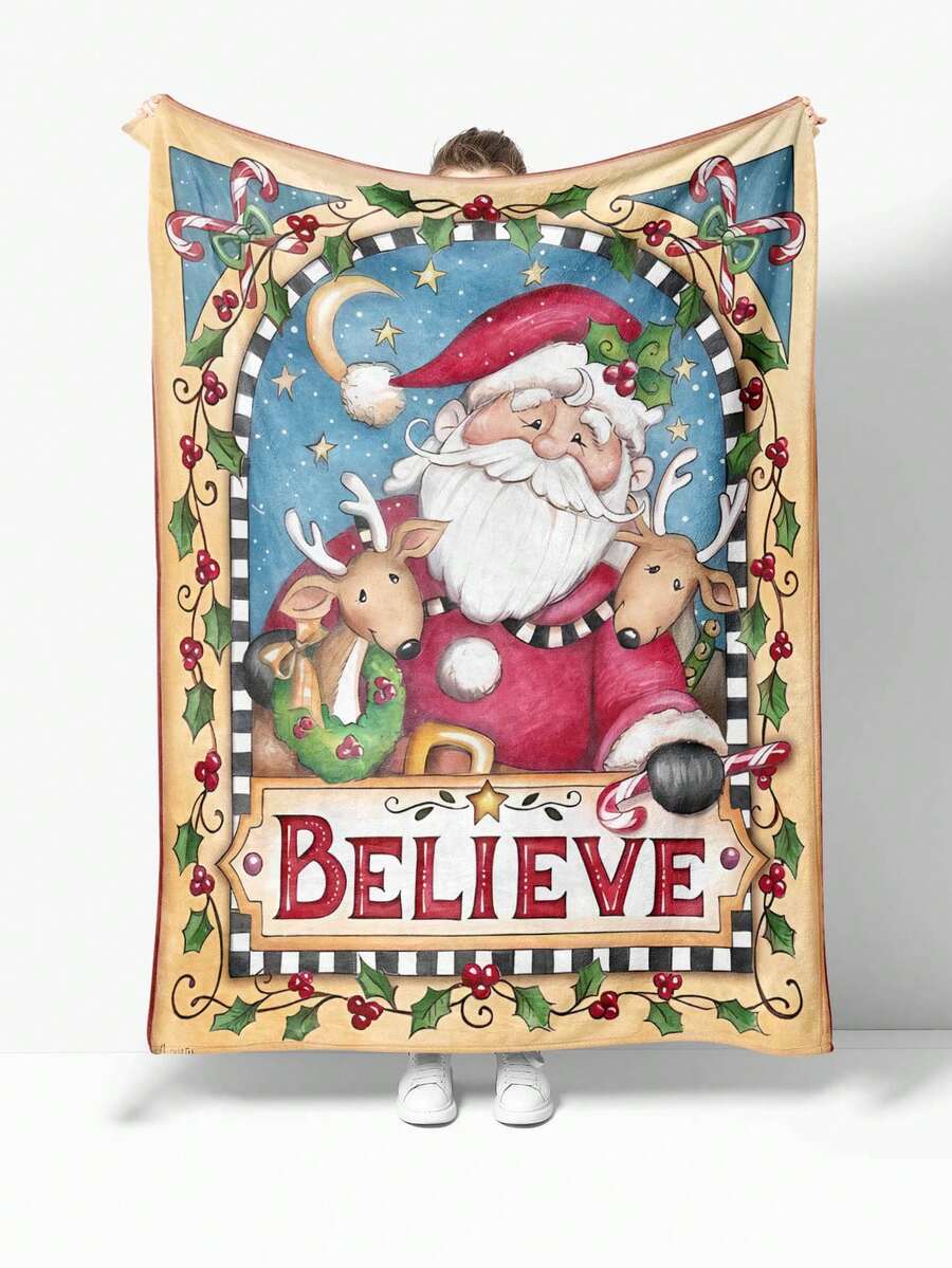 1 件卡通圣诞主题法兰绒毯子，柔软舒适，适合所有季节，可作为客厅、沙发、床或旅行的装饰，是送给家人和朋友的绝佳礼物 - 彩色 - 查看 1