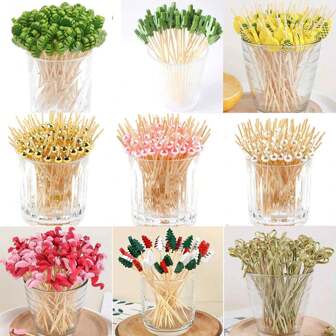 100 st olika stilar Fruktbambuspett, fruktgafflar och konstpärlsnören, fruktplockningar för fest, tårtor och mellanmål, dekoration för semester och festivaler, julklappar