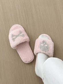 Women Fluffy Dark Skull Element Slippers, Expressive Personalized Home Slippers, Extremely Soft And Comfortable - Pink - View 2