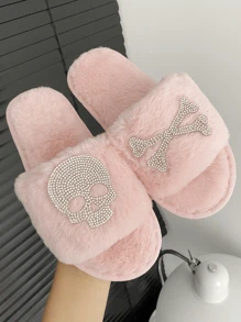 Women Fluffy Dark Skull Element Slippers, Expressive Personalized Home Slippers, Extremely Soft And Comfortable - Pink - View 1