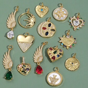 1pc, 18K Gold Plated Copper Pendants, Heart & Star & Moon & Angel Wing & Evil Eye Designs Charms, For Jewelry Bracelet Earrings Necklace Making Supplies Valentines
