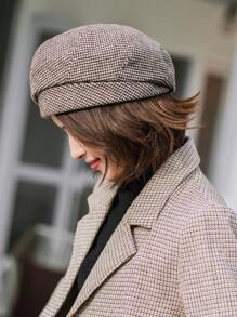 1 件优雅复古千鸟格涤纶羊毛印花贝雷帽，秋冬万圣节