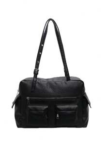 新款时尚小众设计大容量手提包，休闲简约多功能多口袋腋下包，纯色可调节肩带单肩包，适合工作、通勤、购物、约会等各种场合。女士新款手提包。 - 黑色 - 查看 9