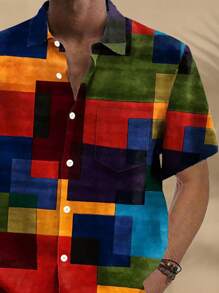 Camicia casual con abbottonatura classica e maniche corte, stampa digitale 3D geometrica vintage a blocchi di colore, per uomo, taglie comode