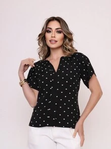 MARILYN MONNA New Women's Blouse Heart Print Petal Sleeve V-Neck Summer Beach - màu đen - Xem 4