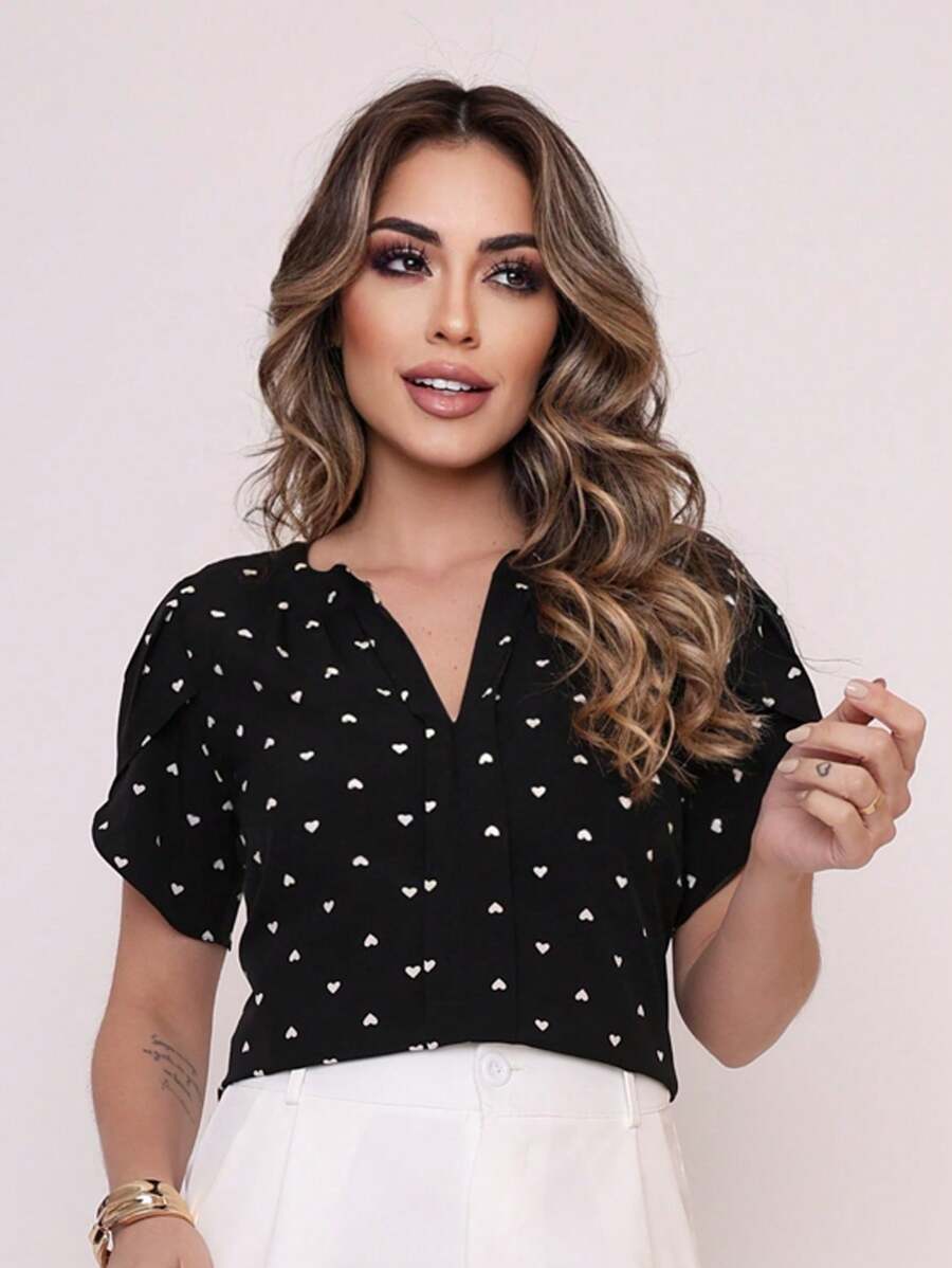 MARILYN MONNA New Women's Blouse Heart Print Petal Sleeve V-Neck Summer Beach - màu đen - Xem 1