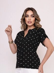 MARILYN MONNA New Women's Blouse Heart Print Petal Sleeve V-Neck Summer Beach - màu đen - Xem 5